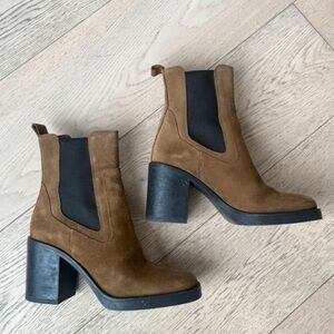 Zara Brown Suede Chelsea Block Heel Ankle Boots